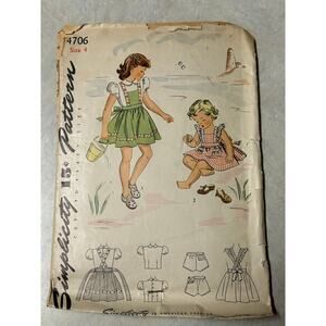 Vintage 1940's Simplicity Pattern #4706 Pinafore, Blouse and Panties Size 4